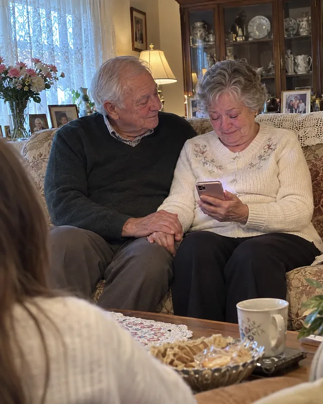 An elderly couple on a sofa holding hands, looking down at a phone with wet eyes and small smiles (AI photo, fictional people)