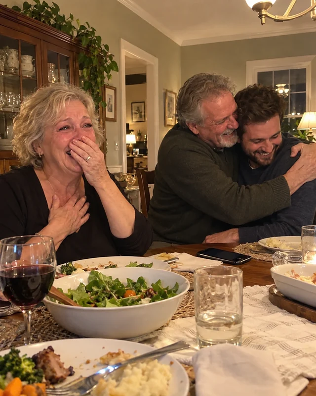 A grandmother-to-be laughs and cries with a hand on her chest at a dinner table while the grandfather hugs their adult son (AI photo, fictional people)