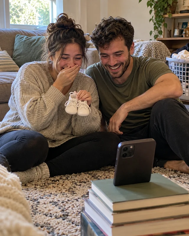 A young couple on a living-room floor laughing at a phone propped on a stack of books, she holds tiny white baby shoes (AI photo, fictional people)