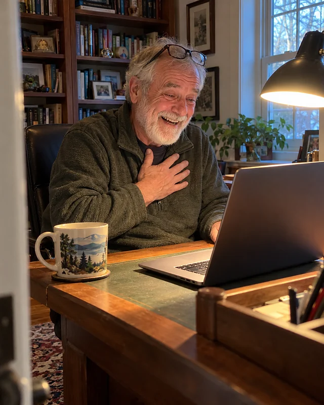 A grandfather-to-be at a desk in his study smiles at a laptop with a hand on his heart (AI photo, fictional person)