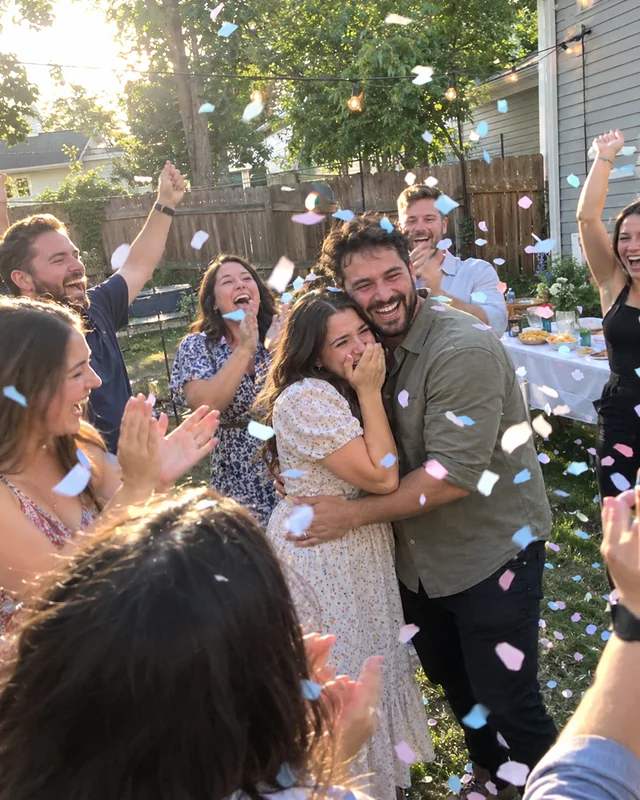 Friends cheer and hug in a backyard as confetti flies around the parents-to-be (AI photo, fictional people)