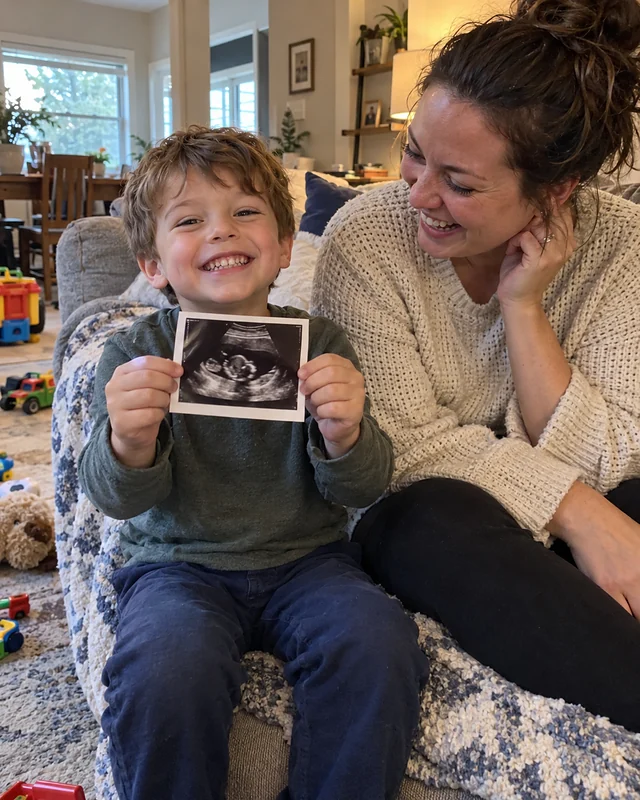 A four-year-old boy on a sofa proudly holds up an ultrasound print while his mother laughs beside him (AI photo, fictional people)