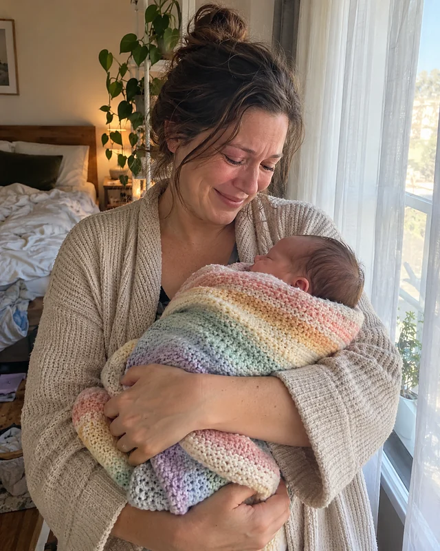 A mother by a window holds her newborn wrapped in a softly striped rainbow blanket, smiling with tears (AI photo, fictional people)