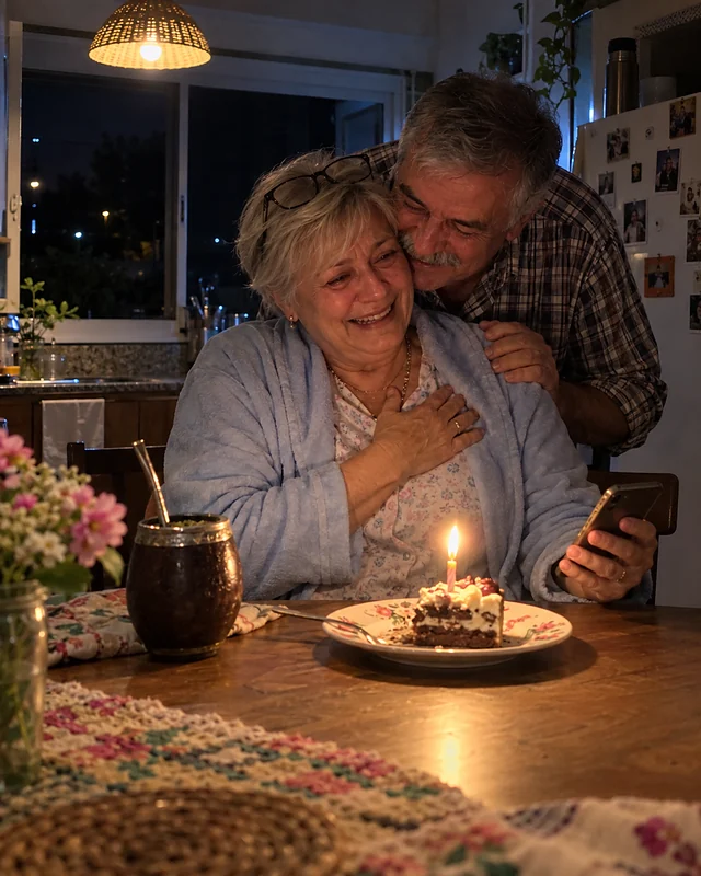In a kitchen at night, a woman in her sixties in a light blue robe laughs with her hand on her chest and a phone in the other hand while her husband hugs her from behind; on the table, a mate gourd and a slice of cake with a candle (AI photo, fictional people)