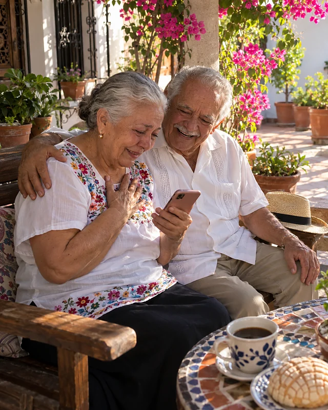 On a sunny patio with bougainvillea, a white-haired grandmother in an embroidered blouse and a grandfather in a white guayabera sit on a bench looking at a phone; she smiles, moved, with her hand on her heart (AI photo, fictional people)