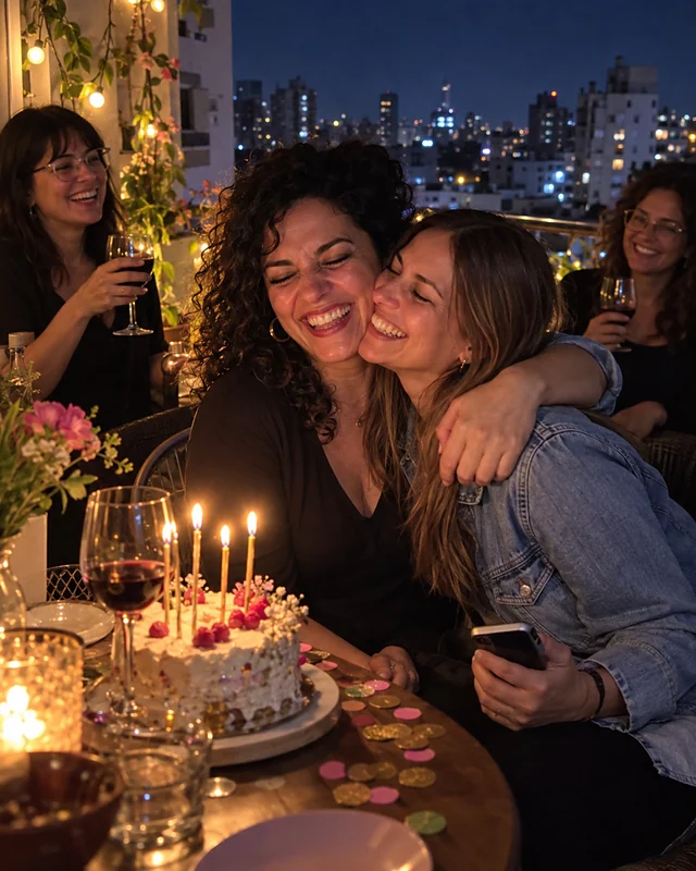 On a balcony at night under string lights, two sisters hug and laugh with their eyes closed, one holding a phone, next to a cake with candles while friends raise their glasses behind them (AI photo, fictional people)