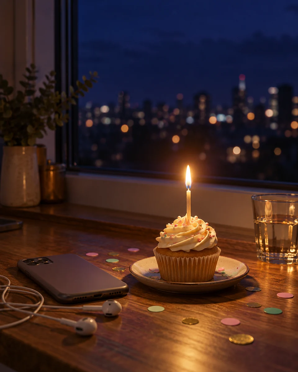 A cupcake with a lit candle next to a face-down phone and a pair of headphones on a kitchen table at night, with a dark blue window and city lights behind (AI photo)