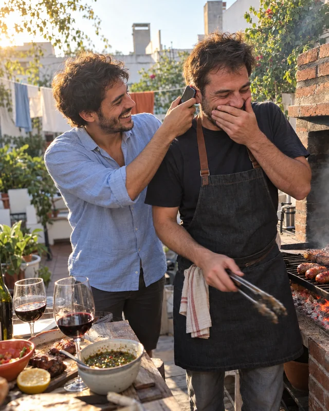 A man holds his phone to his older brother's ear; the brother, in an apron and holding grill tongs, covers his mouth laughing on a patio with the grill going (AI photo, fictional people)