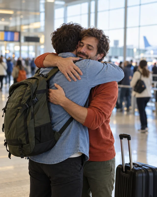 Two adult brothers share a long goodbye hug in an airport terminal, one with a travel backpack and a suitcase beside him (AI photo, fictional people)