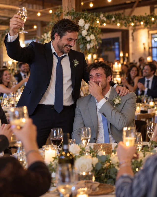 At a wedding reception, the older brother raises his glass in a toast with a hand on the groom's shoulder, while the groom covers his face, laughing through tears (AI photo, fictional people)