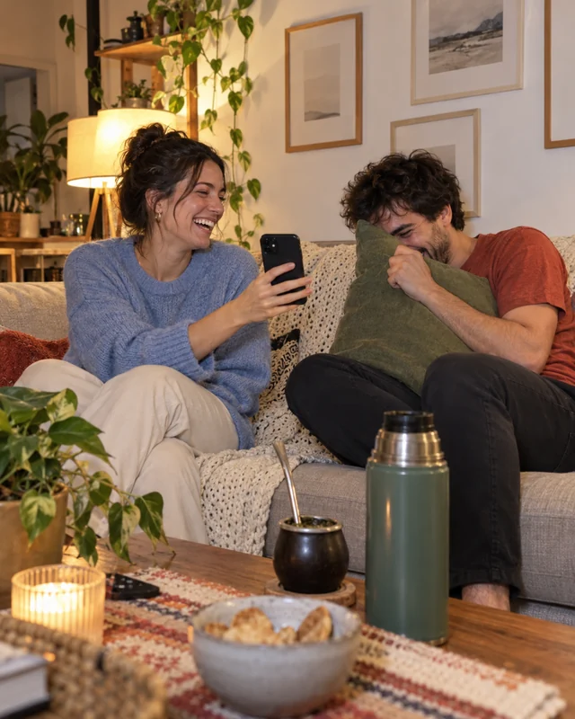 A woman on the couch plays a song on her phone for her younger brother, who laughs while hiding half his face behind a pillow; on the coffee table, a mate gourd and a thermos (AI photo, fictional people)