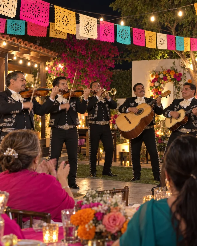 Mariachi con trajes de charro negros tocando violines, trompeta y guitarras en un patio de noche bajo papel picado, con invitadas aplaudiendo de espaldas (foto IA, personas ficticias)