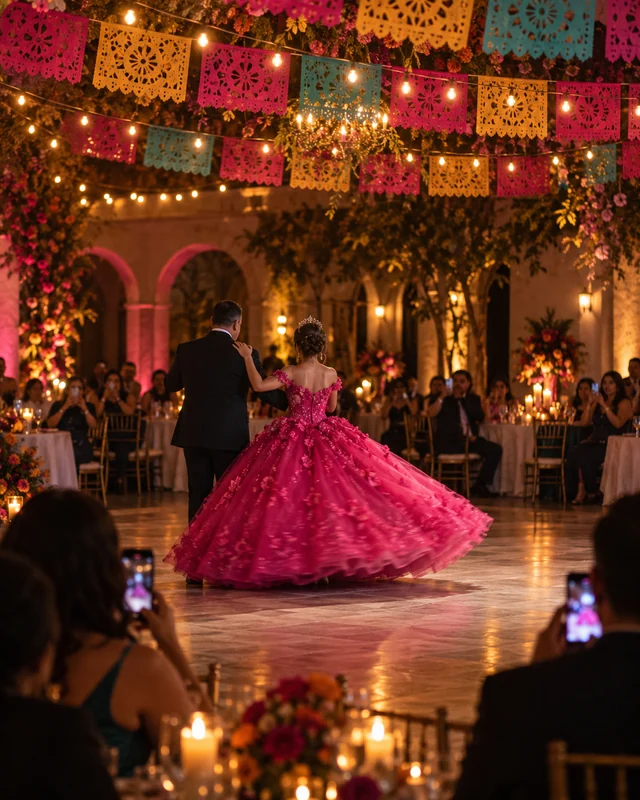 Un papá baila el vals con su hija, vista de espaldas y a lo lejos con su vestido fucsia girando, mientras los invitados graban con el celular bajo papel picado (foto IA, personas ficticias)
