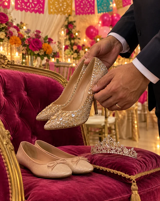 Manos de un papá sosteniendo unas zapatillas doradas de tacón sobre un sillón de terciopelo, junto a unas balerinas y una tiara (foto IA, personas ficticias)
