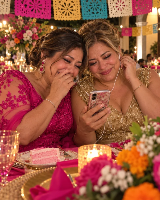 Una mamá con vestido fucsia y su comadre con vestido dorado escuchan una canción en un celular, cada una con un audífono, riendo y con lágrimas (foto IA, personas ficticias)
