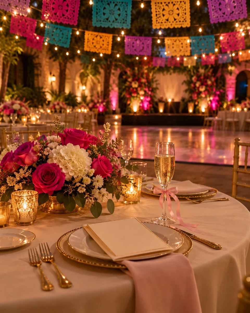 Mesa de un salón de XV años antes de que lleguen los invitados: rosas rosa mexicano, una copa para el brindis con listón rosa y un programa doblado sobre el plato, bajo papel picado de colores (foto IA)