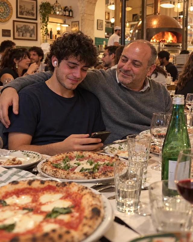 Un ragazzo appena maggiorenne ascolta una canzone al telefono con un auricolare, a una lunga tavolata in pizzeria, mentre il papà gli tiene un braccio sulle spalle e lo guarda (foto IA, persone immaginarie)