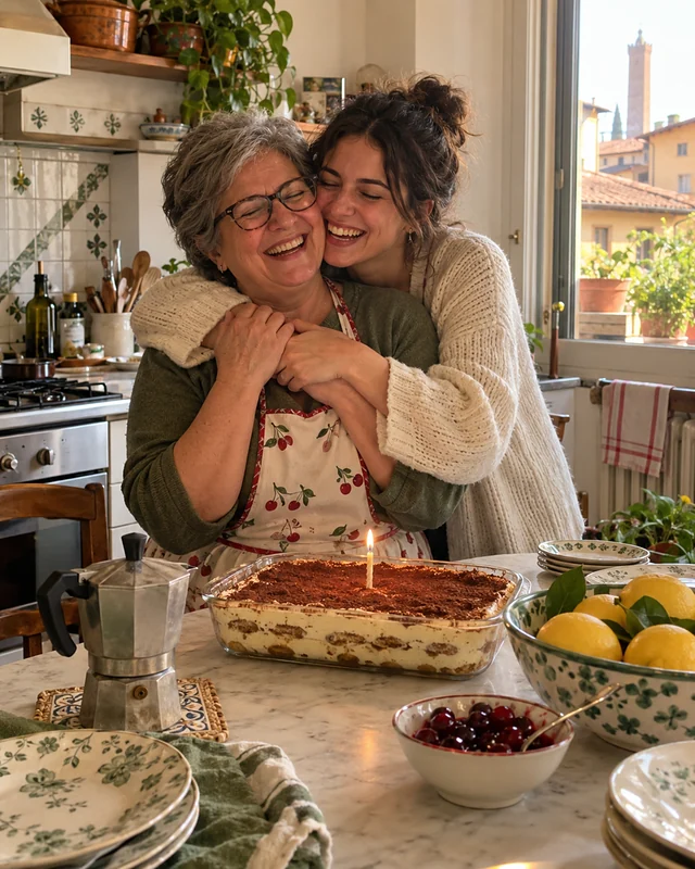 Una donna sui trent'anni abbraccia da dietro la mamma in una piccola cucina, ridono tutte e due a occhi chiusi; sul piano un tiramisù con una candelina accesa (foto IA, persone immaginarie)