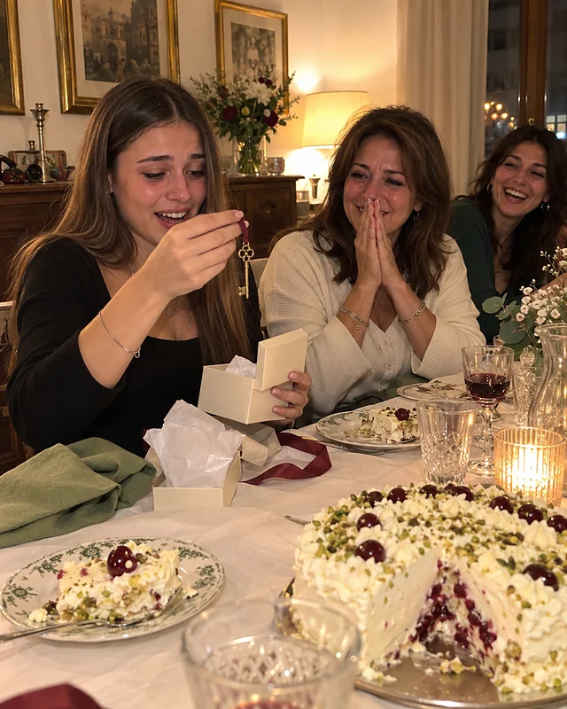 Una ragazza appena diventata maggiorenne tiene sollevata una piccola chiave dorata appena uscita da una scatolina, emozionata, mentre la mamma accanto a lei si porta le mani alla bocca (foto IA, persone immaginarie)