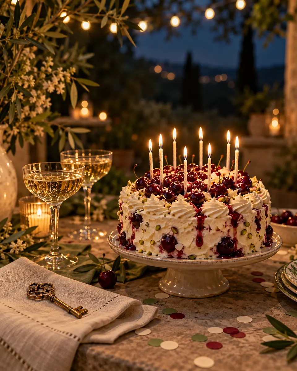 L'angolo di una tavola in giardino la sera della festa: una torta con panna e amarene e le candeline accese, coriandoli, due calici di spumante e una piccola chiave dorata su un tovagliolo di lino (foto IA)