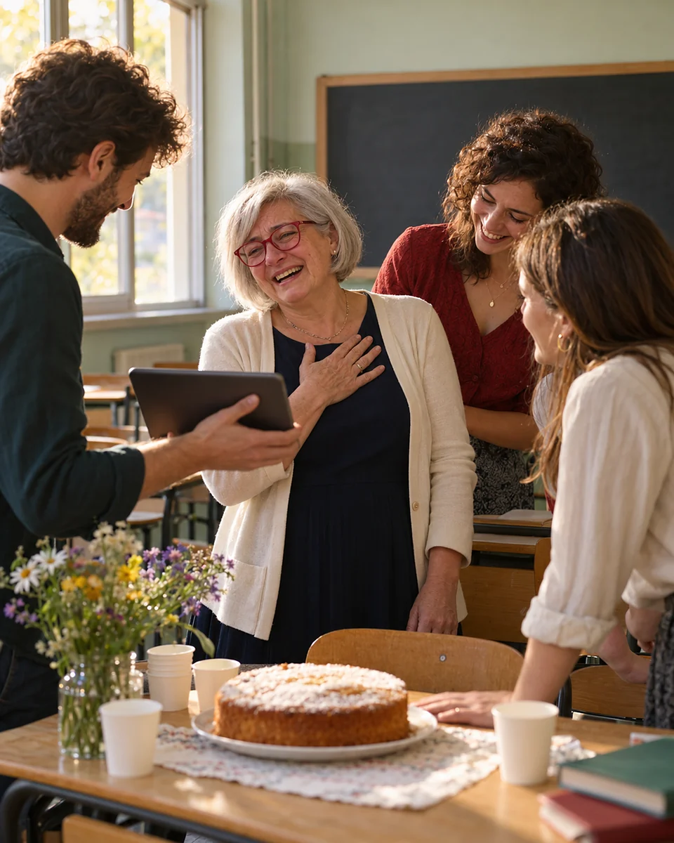 Una maestra appena andata in pensione, una mano sul cuore, ride e si commuove ascoltando una canzone su un tablet tenuto da tre ex alunni ormai adulti, in un'aula vuota con una torta sulla cattedra (foto IA, persone immaginarie)