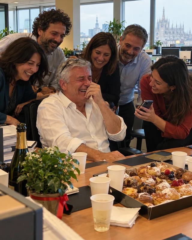 Un impiegato appena andato in pensione ride con gli occhi lucidi alla sua scrivania, circondato dai colleghi che gli fanno ascoltare una canzone al telefono (foto IA, persone immaginarie)
