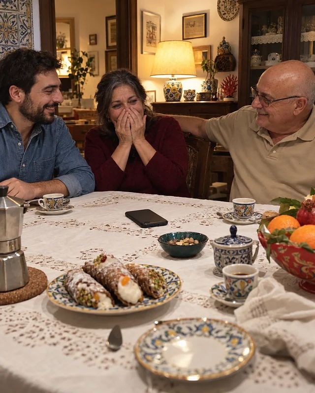 Un uomo a tavola con i genitori: la mamma si copre la bocca con le mani, commossa, il papà sorride, un telefono sulla tovaglia tra le tazzine e i cannoli (foto IA, persone immaginarie)