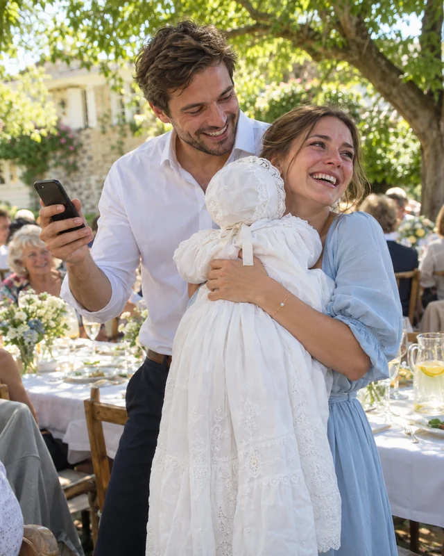 At a garden lunch after a christening, a mother in a pale blue dress holds her baby in a long white gown against her shoulder, the baby facing away, while the father holds up a phone; both are laughing (AI photo, fictional people)