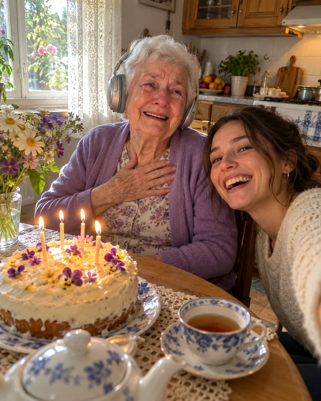 In a sunny kitchen, a grandmother in a lavender cardigan wears headphones and presses a hand to her chest, smiling through tears, while her granddaughter leans in laughing beside a birthday cake with lit candles (AI photo, fictional people)