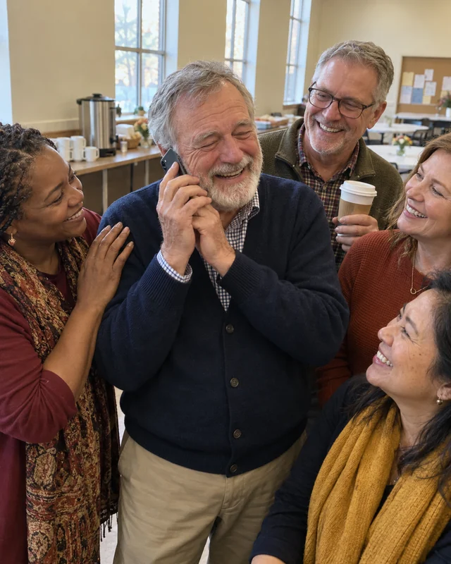 In a church fellowship hall, a gray-bearded pastor in a navy cardigan holds a phone to his ear and laughs with his eyes crinkled, as four members of his small group crowd around smiling, one with a hand on his shoulder (AI photo, fictional people)