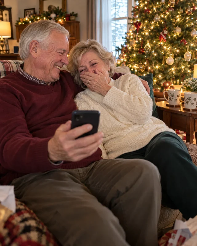 On Christmas morning, an older couple sit on a sofa beside a lit tree: he holds a phone between them and grins at her, she leans on his shoulder with a hand over her mouth, laughing through tears (AI photo, fictional people)