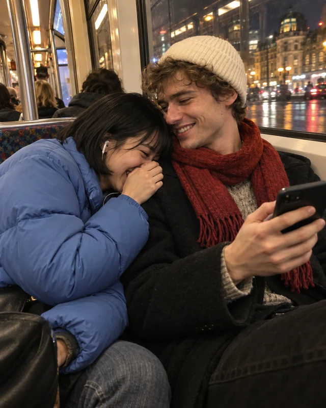 A young woman with a black bob hides half her face against her boyfriend's shoulder, laughing, on the back seat of an evening tram while he holds a phone and grins down at her (AI photo, fictional people)