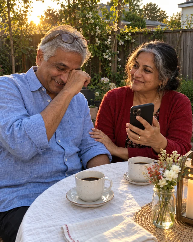 An older man in a blue linen shirt wipes his eye and laughs at a garden table at golden hour while his wife in a red cardigan holds a phone toward him with a hand on his arm (AI photo, fictional people)