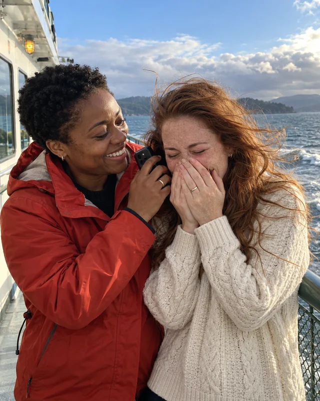 A woman in a red rain jacket holds a phone to her wife's ear on a windy ferry deck while her wife, in a cream sweater, covers her mouth with both hands and laughs through tears (AI photo, fictional people)