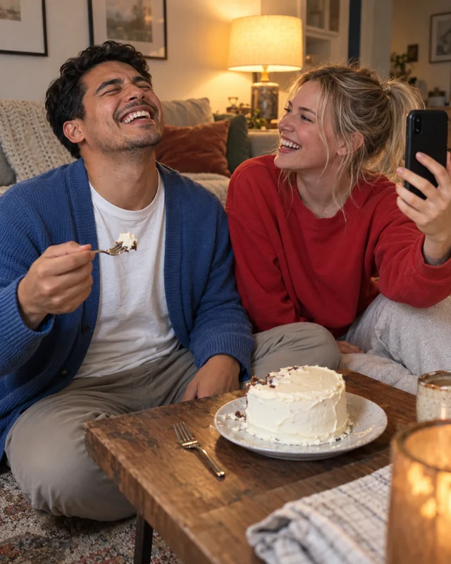 A young man in a blue cardigan laughs with his eyes shut, holding a fork, beside a small white cake on a coffee table while his wife in a red sweatshirt holds up a phone and laughs at him (AI photo, fictional people)