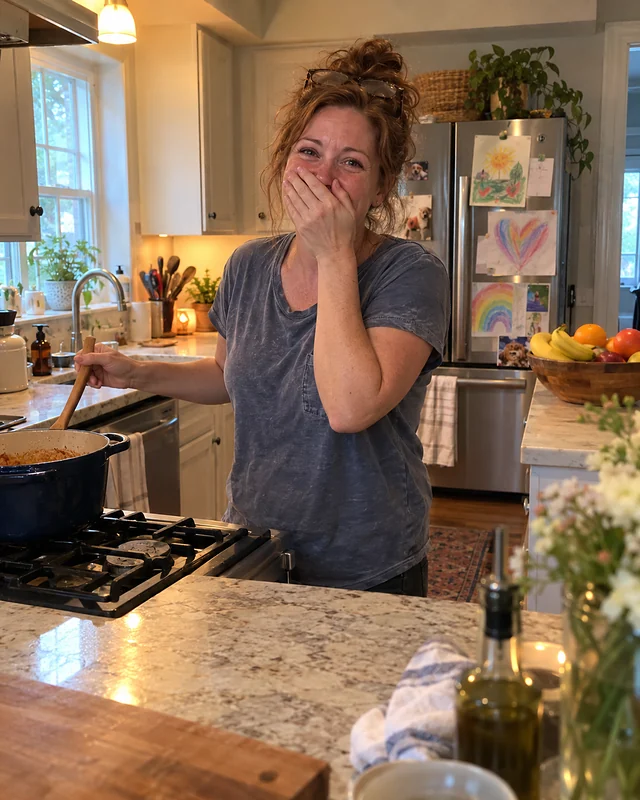 A woman around forty at the kitchen stove holds a wooden spoon and covers her mouth, laughing with wet eyes (AI photo, fictional person)