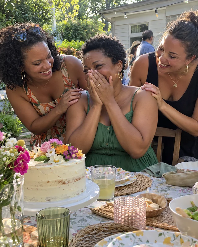 A woman turning forty covers her face and laughs at a garden table while two friends hug her shoulders (AI photo, fictional people)