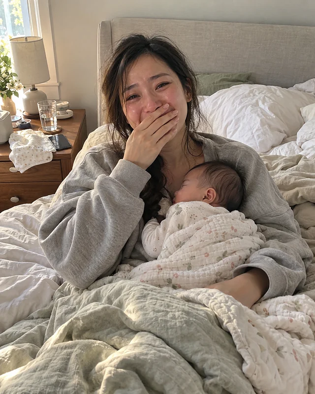 A young mother sitting up in bed with a sleeping baby on her chest covers her mouth with wet eyes (AI photo, fictional people)