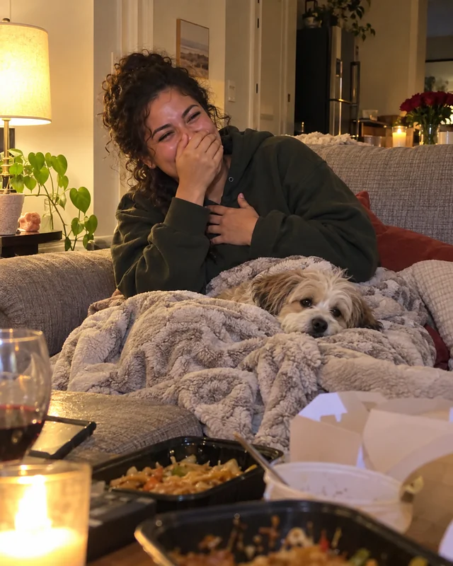 A young woman on a sofa under a blanket laughs into her hand, a small dog curled on her lap (AI photo, fictional person)