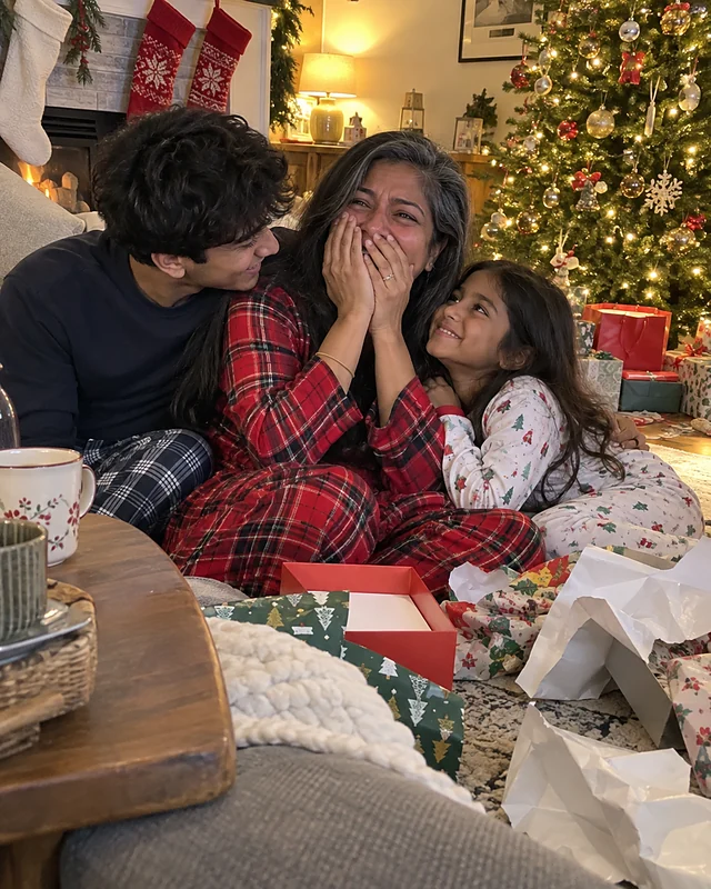 A mother in plaid pajamas by the Christmas tree presses her hands to her face, laughing and teary, as her son and daughter lean on her (AI photo, fictional people)