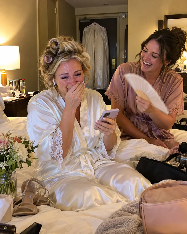 A bride in rollers and a satin robe listens on one earbud with tears in her eyes while a bridesmaid laughs and fans her (AI photo, fictional people)
