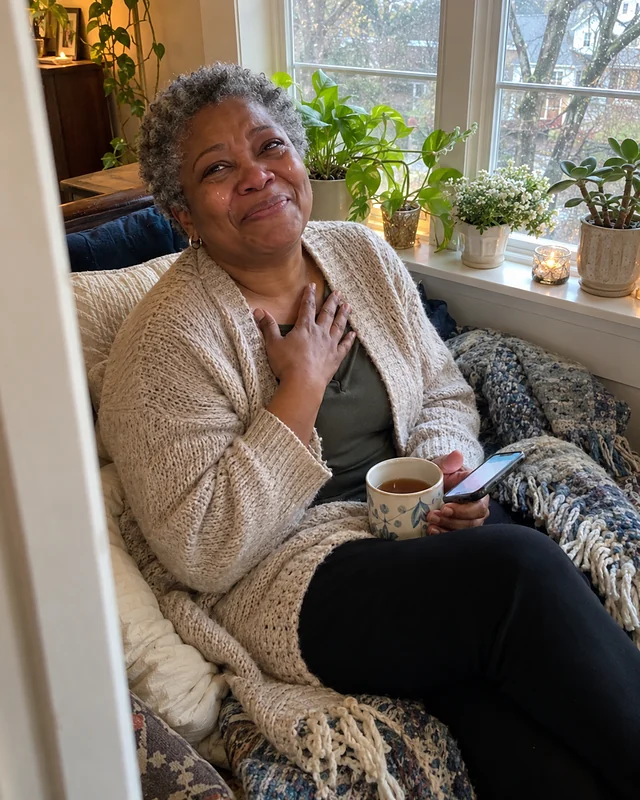 A woman in her fifties on a window seat holds a cup of tea and smiles with tears, one hand on her heart (AI photo, fictional person)