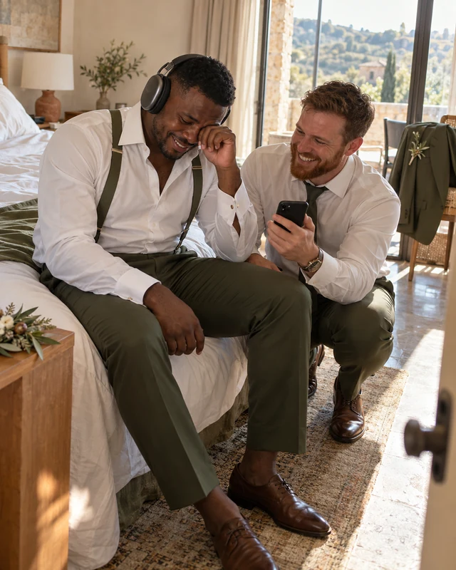A groom in a white shirt and olive suspenders sits on a hotel bed with headphones on, laughing and wiping one eye, while his red-bearded best man crouches beside him holding a phone (AI photo, fictional people)