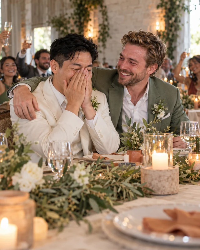 Two grooms at a candlelit head table with olive garlands: one in an ivory suit covers his face with both hands, laughing, while the other in a sage suit hugs him and beams (AI photo, fictional people)