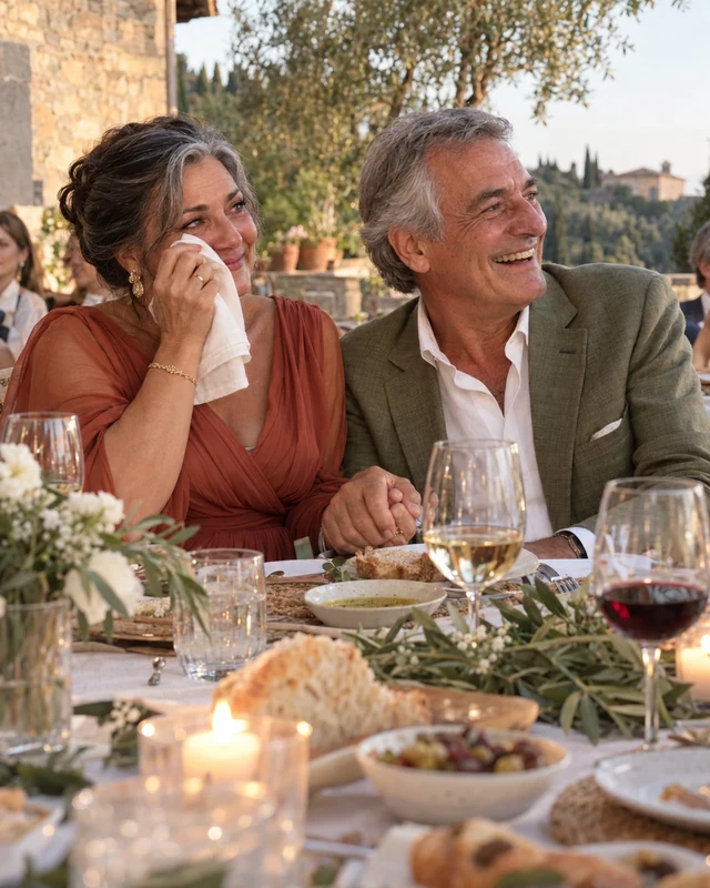 Parents of the bride at a long terrace table at dusk: the mother in a terracotta dress dabs a tear with a napkin and smiles, the father in an olive blazer holds her hand and laughs (AI photo, fictional people)