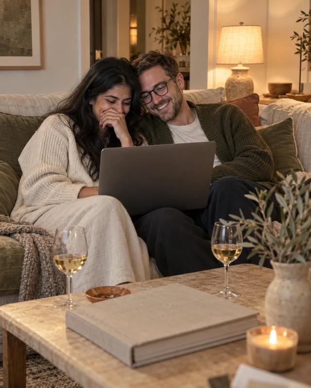 A couple on a linen sofa at night watch something on a laptop on their knees: she laughs behind her hand, he leans his head on hers, a closed wedding album on the coffee table (AI photo, fictional people)