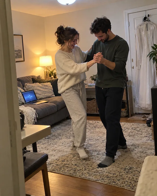 A couple practising a dance in socks in a small living room with the coffee table pushed aside, she counts steps laughing while he watches his feet (AI photo, fictional people)