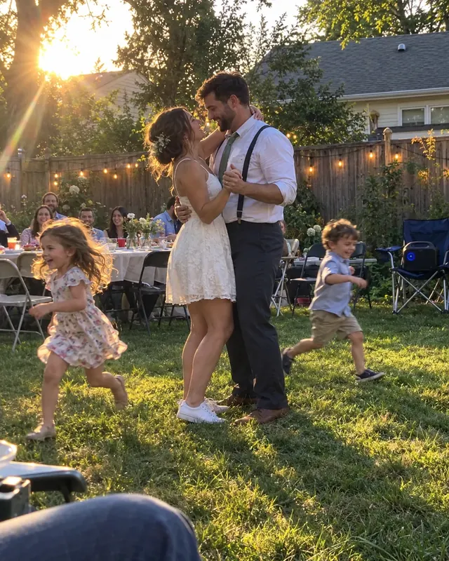 A couple dancing on the grass in a backyard, she in a short white dress and sneakers, two kids running around them (AI photo, fictional people)