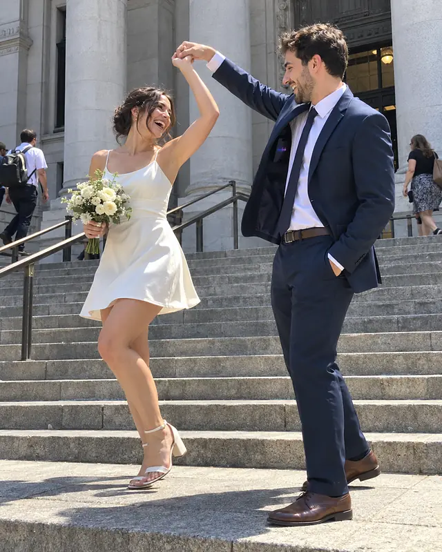 A newly married couple laughing and dancing on wide stone steps outside a civic building, she holds a small bouquet (AI photo, fictional people)