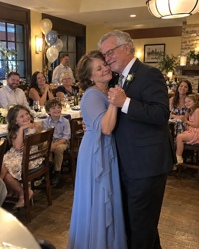 A couple in their sixties dancing close with eyes closed in a restaurant's private room, family watching from a long table (AI photo, fictional people)